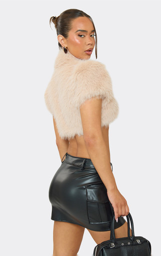 Short Sleeve Belt Neck Detail Top In Cream Faux Fur | EGO US | EGO