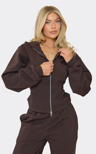 Double Zip-Up Cinched Waist Seam Detail Hoodie In Chocolate Brown
