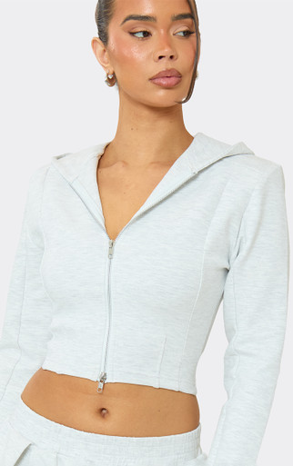 Double Zip-Up Shoulder Pad Cropped Hoodie In Light Grey Marl
