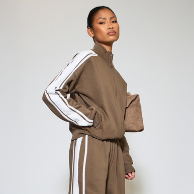 Contrast Stripe High Neck Zip-Up Sweatshirt In Brown | EGO US | EGO