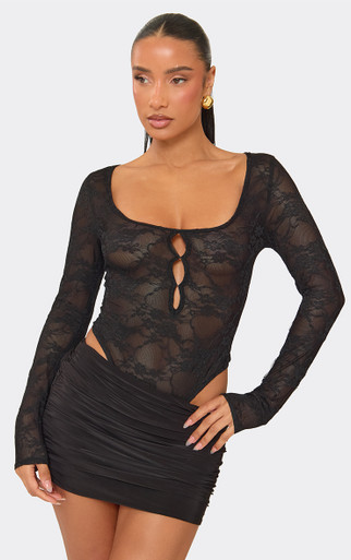 Scoop Neck Thong Cut Out Detail Bodysuit In Black Lace | EGO US | EGO