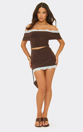 Mid Waist Lace Trim Mini Skirt In Chocolate Brown Slinky | EGO CA