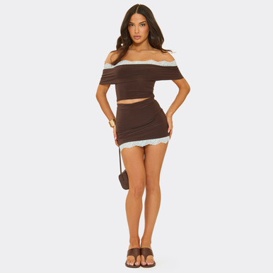 Mid Waist Lace Trim Mini Skirt In Chocolate Brown Slinky | EGO CA