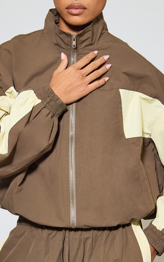 High Neck Zip-Up Contrast Detail Track Jacket In Brown Shell | EGO