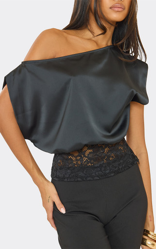 Off The Shoulder Lace Hem Detail Top In Black Satin | EGO US | EGO