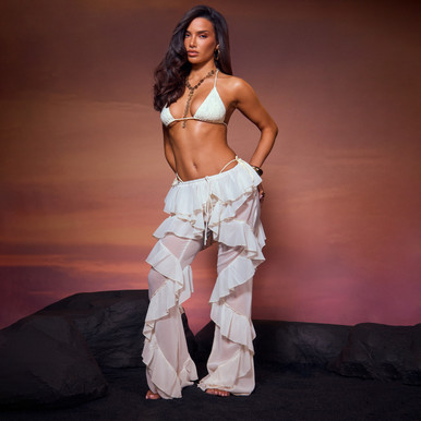 Tie Waist Frilled Detail Trousers In Cream | EGO US | EGO