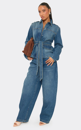 Zip Front Tie Waist Jacket In Mid Blue Denim | EGO US | EGO