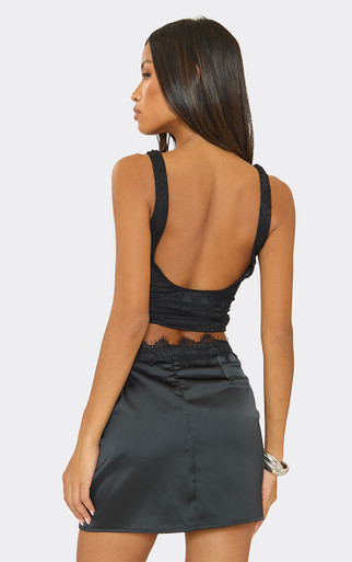 Mid Rise Lace Waist Trim Detail Mini Skirt In Black Satin | EGO US