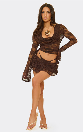 Low Rise Frill Micro Shorts In Chocolate Brown Lace | EGO CA | EGO