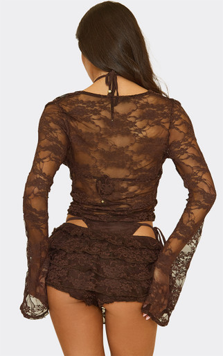 Low Rise Frill Micro Shorts In Chocolate Brown Lace | EGO CA | EGO