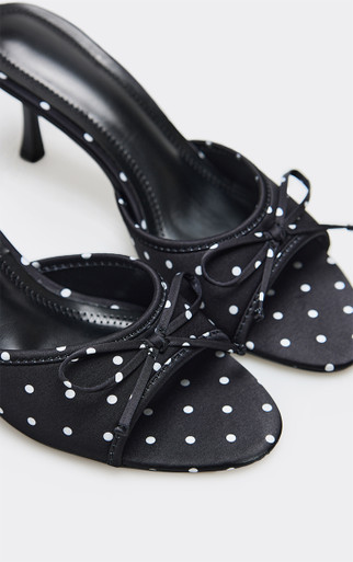 Rarar Peep Toe Bow Detail Heeled Mule In Black Polka Dot Print