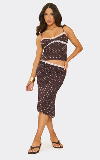 Mid Rise Lace Trim Detail Maxi Skirt In Brown Polka Dot | EGO US | EGO