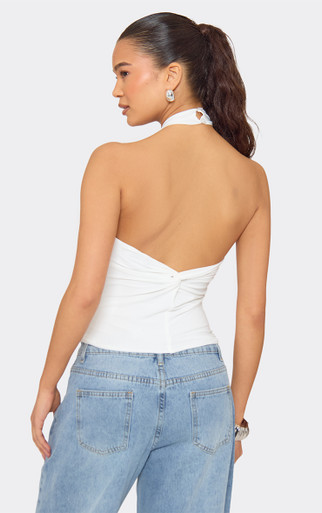 Halterneck Twist Knot Detail Open Back Top In White | EGO US | EGO