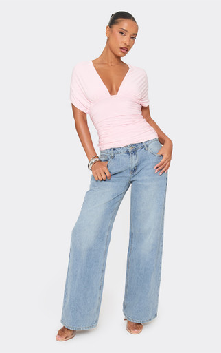 Short Sleeve Plunge Front Tie Back Detail Top In Pink Slinky | EGO