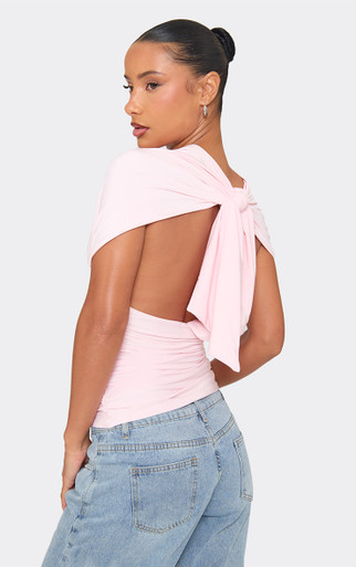 Short Sleeve Plunge Front Tie Back Detail Top In Pink Slinky | EGO