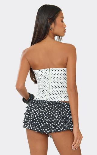 Low Rise Bow Detail Ruffle Frill Hotpant Shorts In Black Polka Dot
