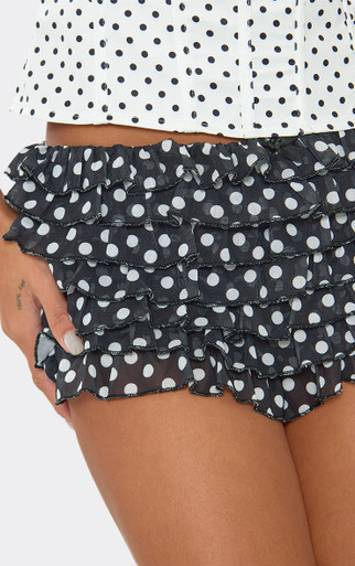 Low Rise Bow Detail Ruffle Frill Hotpant Shorts In Black Polka Dot