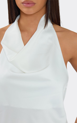 Cowl Neck Lace Trim Detail Low Back Mini Dress In White Satin | EGO US | EGO