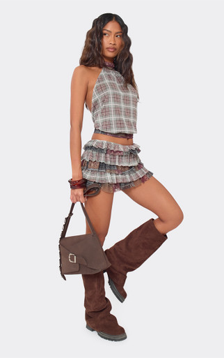 スカート andwang Classical Frill Mini Skirt Check Low Rise Tiered Frill Mini Skirt In Green And Brown Paisley Check