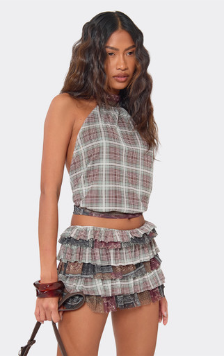 Low Rise Tiered Frill Mini Skirt In Green And Brown Paisley Check