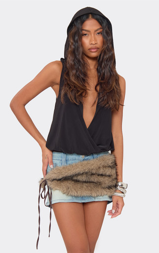 Low Rise Faux Fur Belt Mini Skirt In Blue Denim | EGO US | EGO
