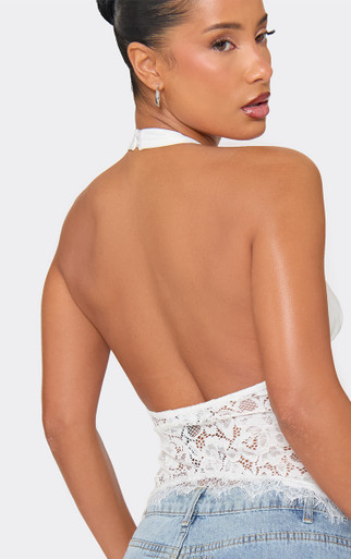Halter Neck Lace Body Detail Top In White Satin | EGO US | EGO