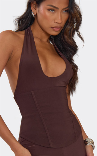 Halterneck Plunge Front Corset Capri Jumpsuit In Chocolate Brown