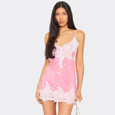 Strappy Plunge Neck Lace Trim Mini Dress In Pink Sequin | EGO US | EGO