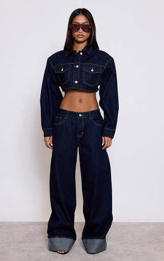 cropped jacket over fitted indigo knee length dress cropped jacket over fitted indigo knee length dress Topstitch Denim Jacket- Indigo