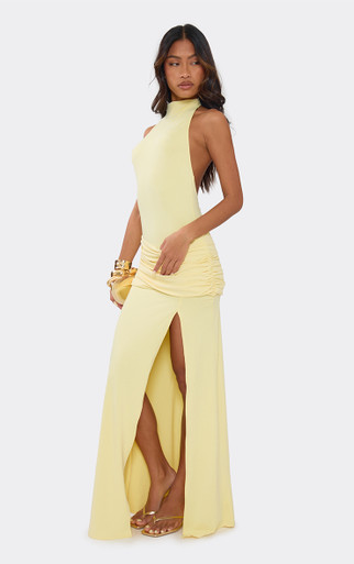 love&lemonade ruched detail backless floor length slip dress Racer Neck Draped Ruched Detail Maxi Dress In Yellow