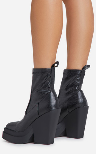 Aki Square Toe Platform Wedge Heel Ankle Sock Boot In Black Croc