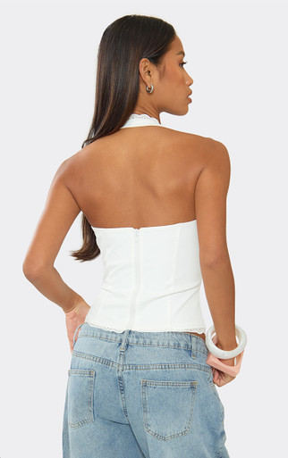 Halter Neck Broderie Trim Detail Top In White | EGO US | EGO