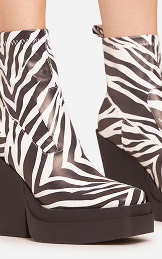 Aki Square Toe Platform Wedge Heel Ankle Sock Boot In Zebra