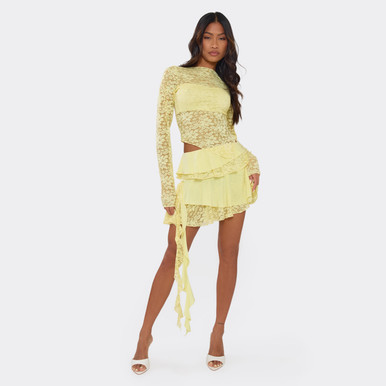Mid Waist Asymmetric Frill Mini Skirt In Yellow Slinky Lace | EGO