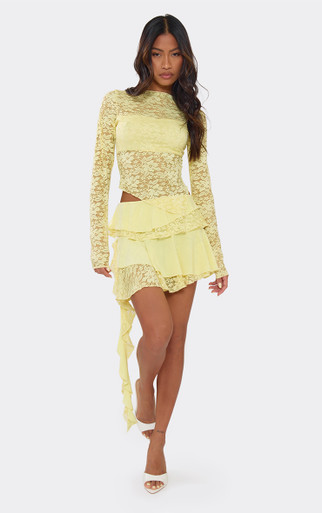 Mid Waist Asymmetric Frill Mini Skirt In Yellow Slinky Lace | EGO