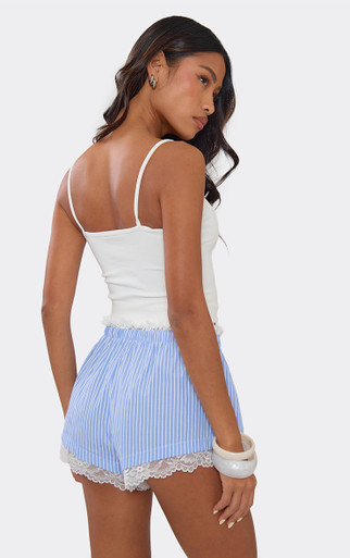 Drawstring Waist Lace Trim Poplin Shorts In Blue Pinstripe | EGO