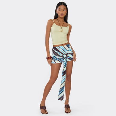 Mid Rise Trim Detail Draped Front Mini Skirt In Blue Stripe | EGO