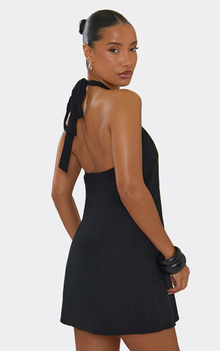 Halterneck Knot Front Mini Dress In Black Linen Look | EGO US | EGO