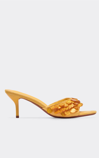 Ochil Disc Detail Square Peep Toe Heeled Mule In Yellow Faux