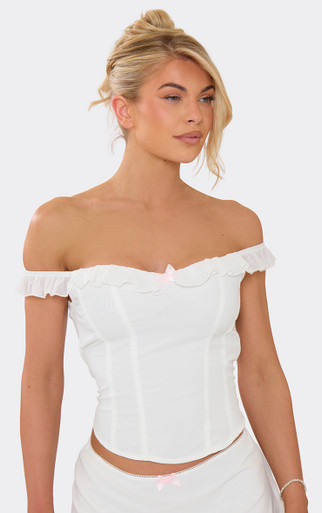 Bardot Frill Trim Bow Detail Corset Top In White Chiffon | EGO US