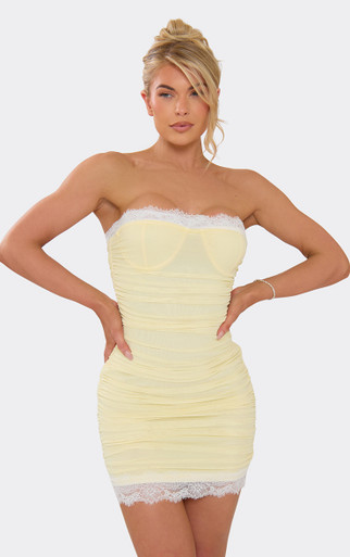 lemon mesh lace boob tube dress Bandeau Lace Trim Ruched Mini Dress In Lemon Mesh