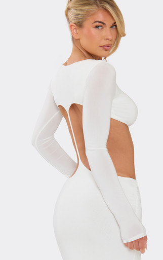 white slinky cut out dress Sleeveless Beaded Detail Cut Out Maxi Dress In White Slinky