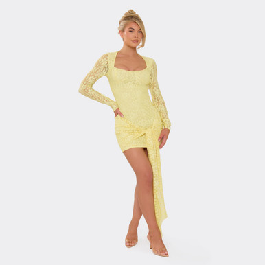 Long Sleeve Square Neck Tie Drape Detail Mini Dress In Lemon Lace