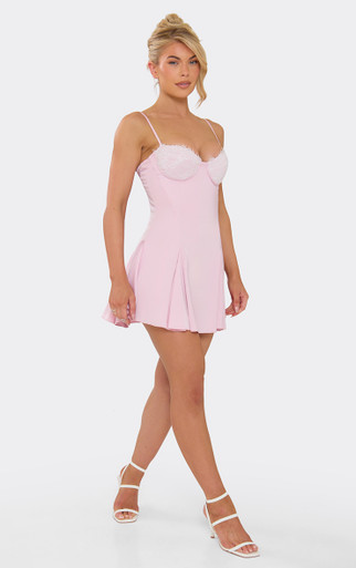 Strappy Lace Cup Detail Mini Shift Dress In Pink Satin | EGO US | EGO