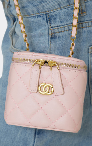 Demy Zip Detail Cross Body Vanity Bag In Pink Quilted Faux Leather