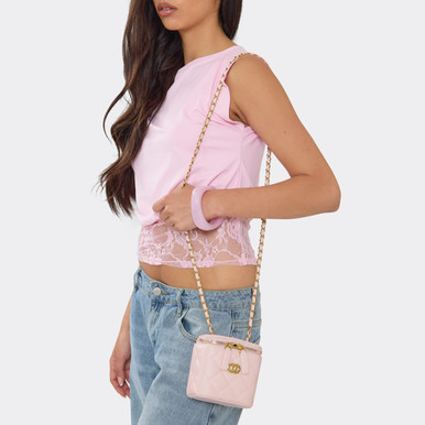 Demy Zip Detail Cross Body Vanity Bag In Pink Quilted Faux Leather