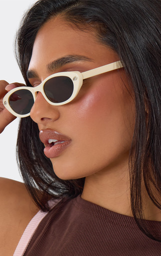Cateye Shaped Tinted Lense Thin Framed Sunglasses In Cream  display picture 1