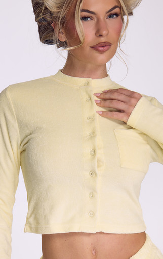 Long Sleeve Button Up Front Top In Yellow Towelling Fabric | EGO