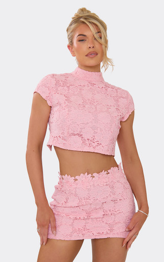 High Neck Cap Sleeve Top In Pink Floral Texture | EGO CA | EGO