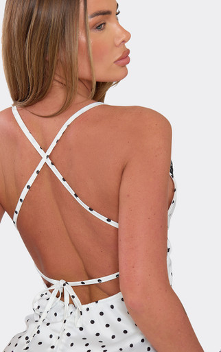 Contrast Lace Trim Tie Back Mini Dress In White Polka Dot | EGO US